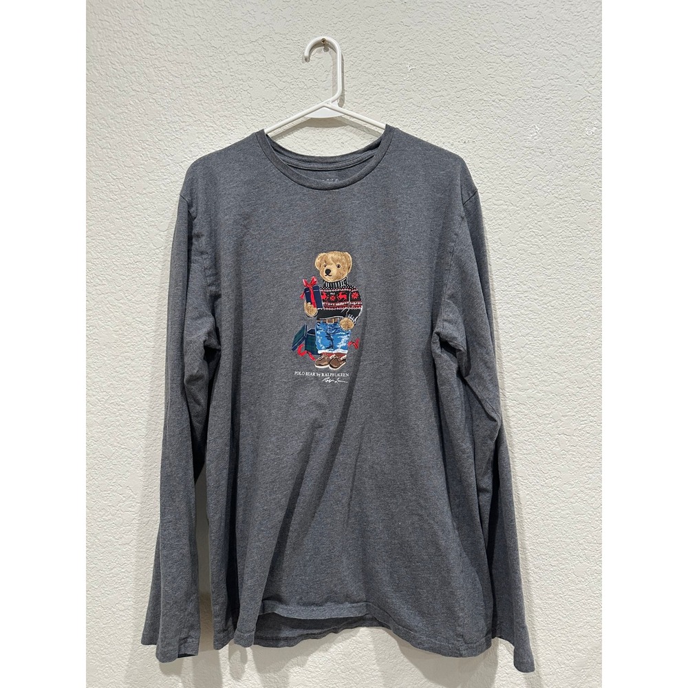 Polo Ralph Lauren Mens Grey Long Sleeve Polo Bear Holiday Graphic T-Shirt Large